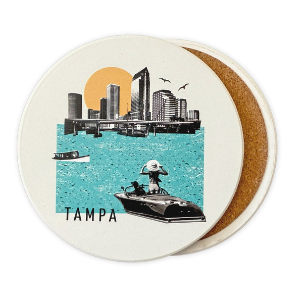 Coaster with Tampa skyline illustration on a white background