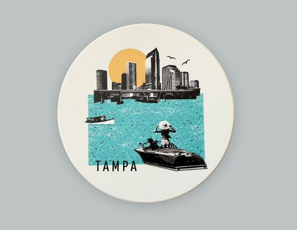 Tampa Florida Collage Skyline Absorbent Flat Ceramic Coaster with Cork Backing