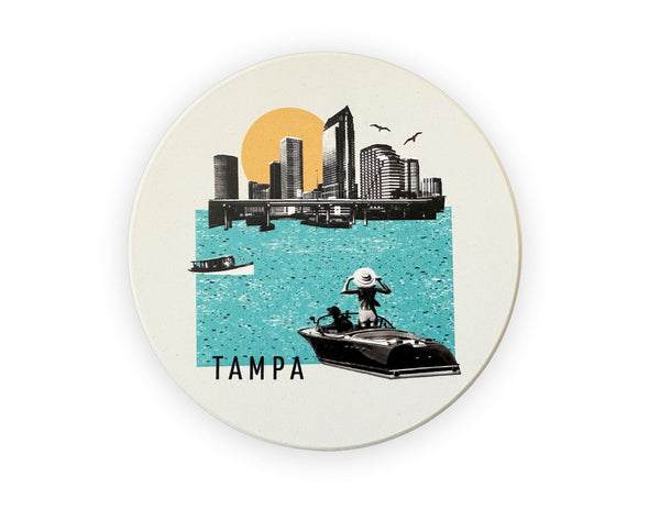 Tampa Florida Collage Skyline Absorbent Flat Ceramic Coaster with Cork Backing