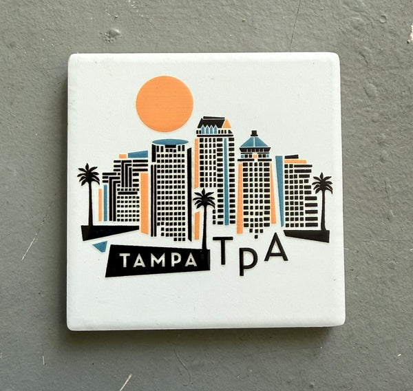 Tampa Florida White Geometric Skyline Ceramic Fridge Magnet
