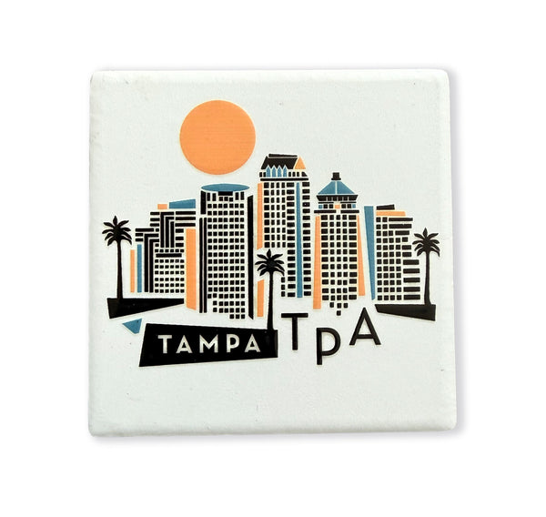 Tampa Florida White Geometric Skyline Ceramic Fridge Magnet