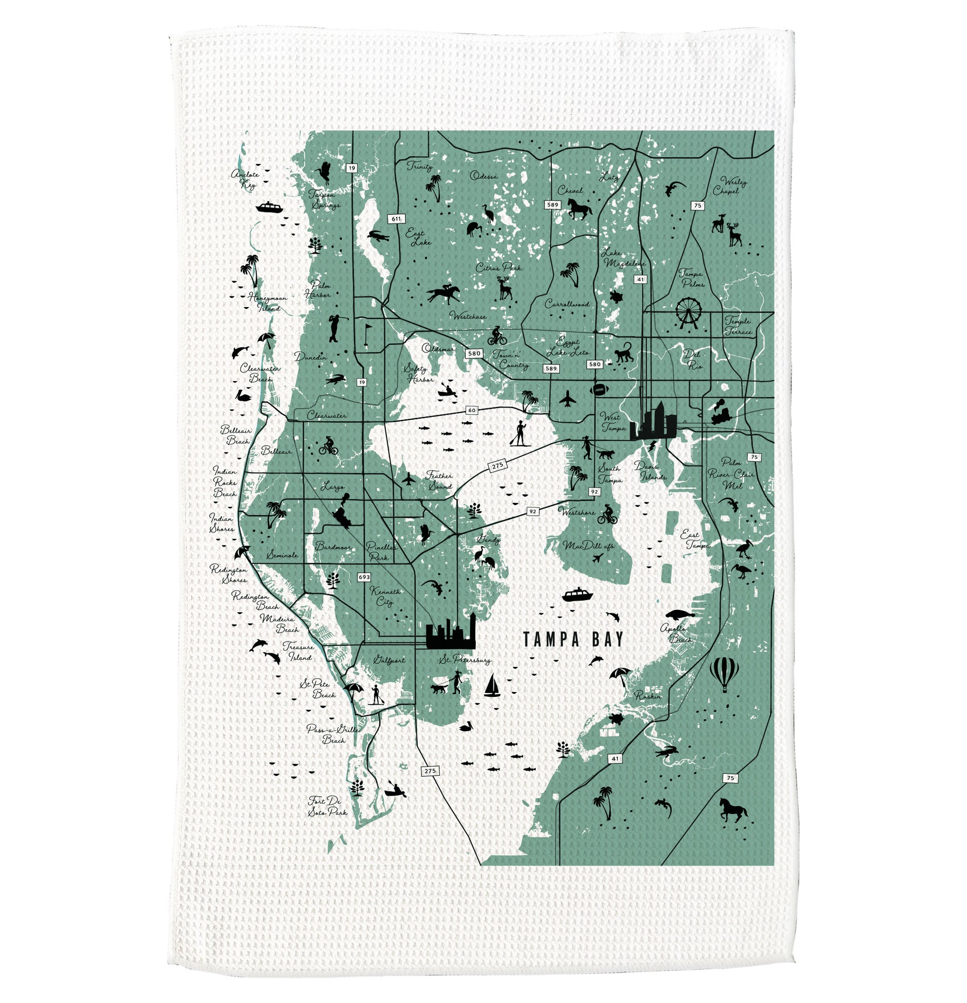 Tampa Bay Florida Map Microfiber Kitchen Towel Graphic Print With Neighborhood and Icons