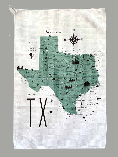 Texas State Icon Map with Cities Microfiber Kitchen Towel Graphic Print