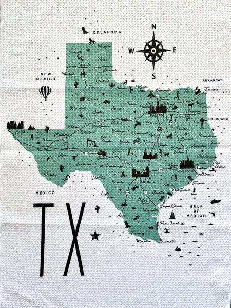 Texas State Icon Map with Cities Microfiber Kitchen Towel Graphic Print