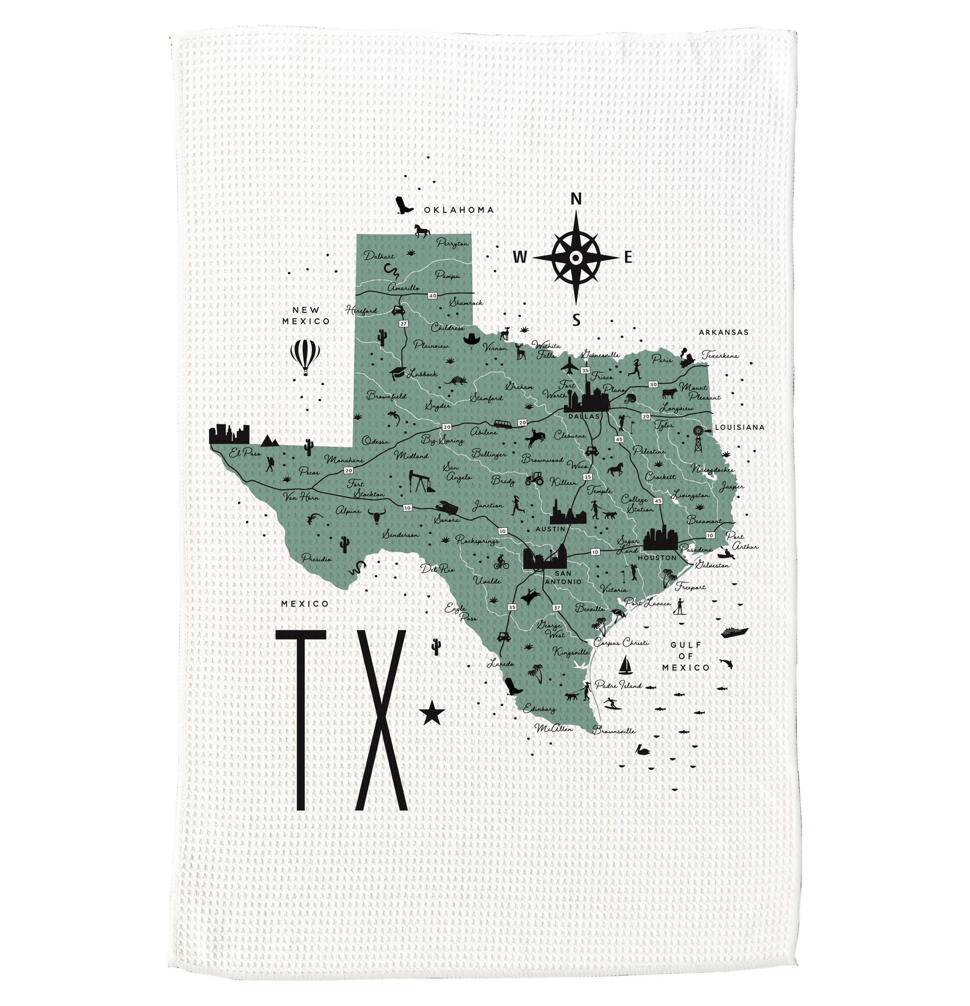 Texas State Icon Map with Cities Microfiber Kitchen Towel Graphic Print