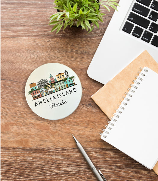 Amelia Island Florida Skyline Absorbent Stone Ceramic Coaster with Cork Backing