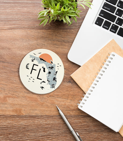 Florida Collage with Icons Absorbent Flat Ceramic Coaster with Cork Backing