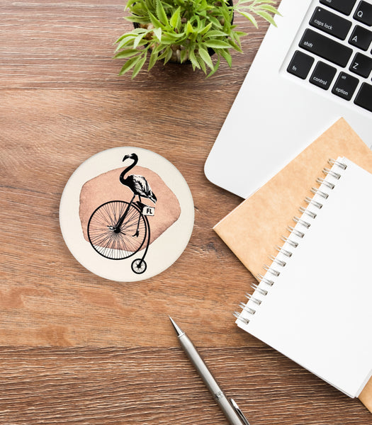 Flamingo Riding Bike Absorbent Flat Ceramic Coaster with Cork Backing