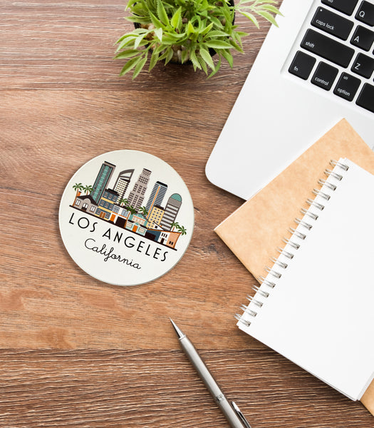 Los Angeles Illustrated Skyline Absorbent Stone Ceramic Coaster with Cork Backing