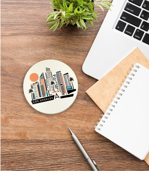 Los Angeles Geometric Skyline Absorbent Stone Ceramic Coaster with Cork Backing