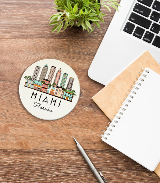 Miami Florida Skyline Absorbent Flat Ceramic Coaster with Cork Backing