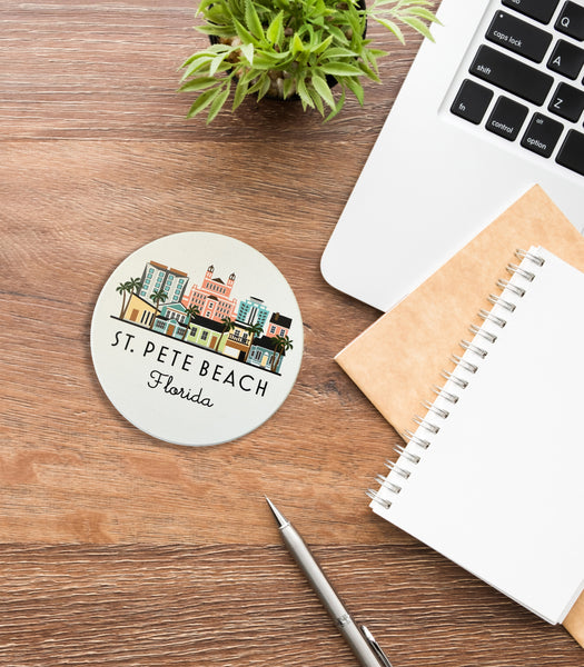 St. Pete Beach Florida Illustrated Skyline Absorbent Flat Ceramic Coaster with Cork Backing