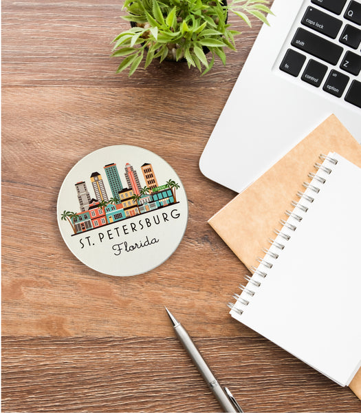 St. Petersburg Florida Illustrated Skyline Absorbent Flat Ceramic Coaster with Cork Backing