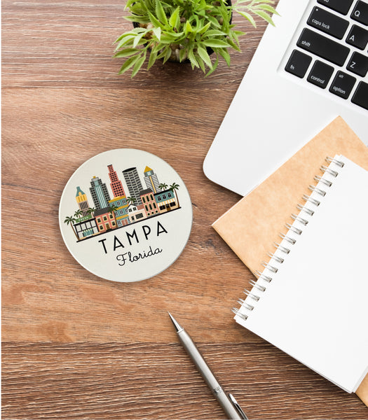 Tampa Illustrated Skyline Absorbent Stone Ceramic Coaster with Cork Backing