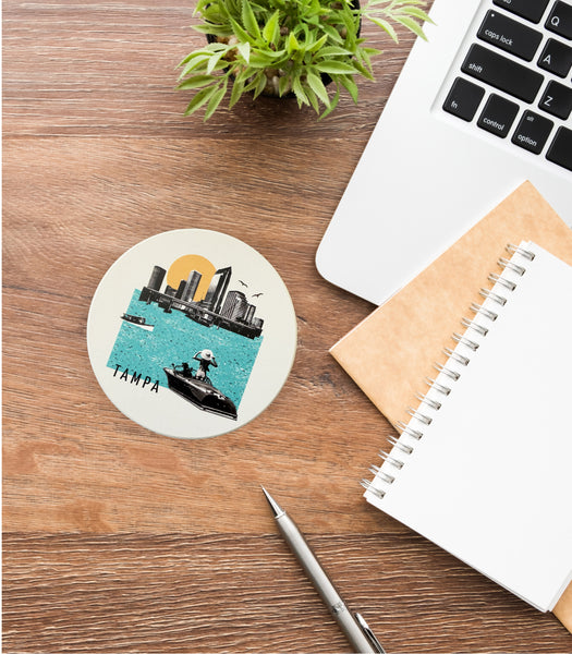 Tampa Florida Collage Skyline Absorbent Flat Ceramic Coaster with Cork Backing