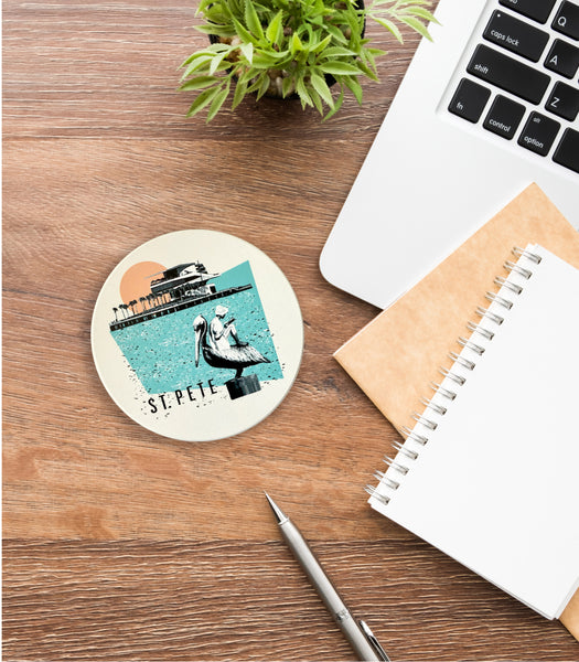 St. Petersburg Florida Collage Pier Absorbent Flat Ceramic Coaster with Cork Backing