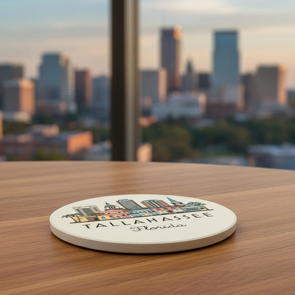 Round coaster with Tallahassee, Florida design on a gray surface