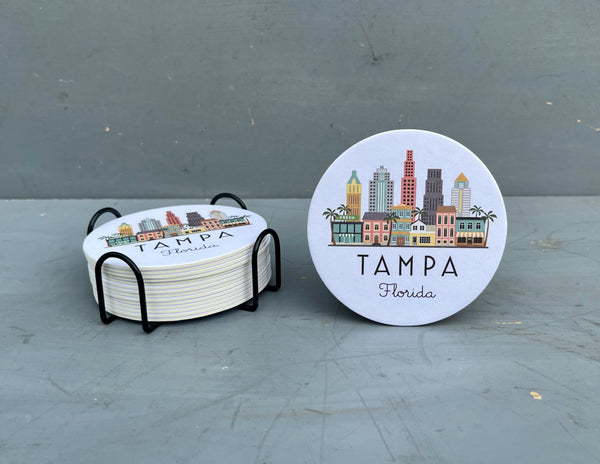 Tampa Florida Skyline Paper Pulp Board Coasters | Set of 15 With Black Metal Stand | Absorbent Disposable Reusable Party Bar Coasters