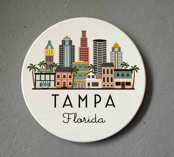 Tampa Illustrated Skyline Absorbent Stone Ceramic Coaster with Cork Backing