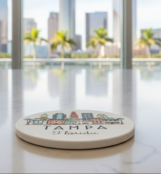 Tampa Illustrated Skyline Absorbent Stone Ceramic Coaster with Cork Backing