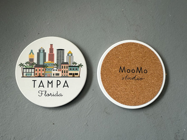 Tampa Illustrated Skyline Absorbent Stone Ceramic Coaster with Cork Backing