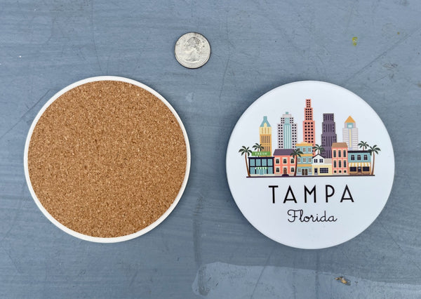 Tampa Florida Cityscape Skyline Graphic Flat Ceramic Coaster with Cork Backing | Coaster Set with Stand