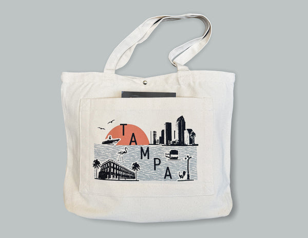 Tampa Skyline and Icons Collage Pocket Tote Bag | Tampa Shopping Tote Beach Bag