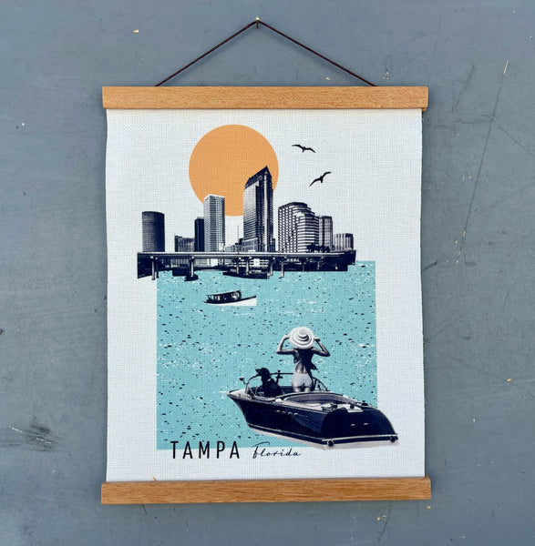 Tampa Florida City Scene Skyline Vintage Collage Fabric Print with Wooden Hanging Frame | St. Pete Wall Hanging Tapestry Scroll