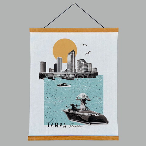 Tampa Florida City Scene Skyline Vintage Collage Fabric Print with Wooden Hanging Frame | St. Pete Wall Hanging Tapestry Scroll