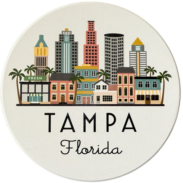 Tampa Illustrated Skyline Absorbent Stone Ceramic Coaster with Cork Backing