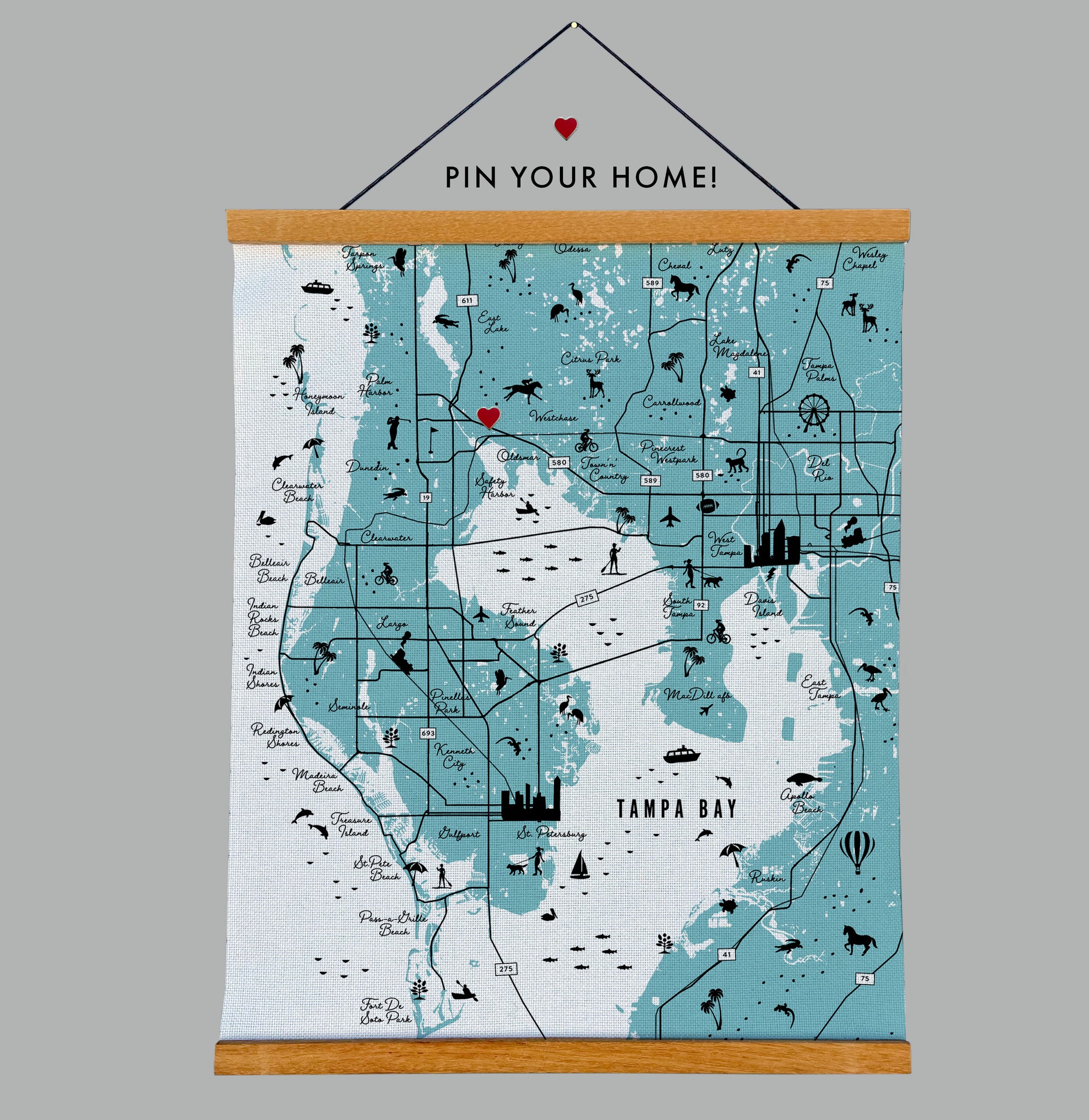 Tampa Bay Florida Illustrated Icon Map Fabric Print with Wooden Hanging Frame | Tampa Wall Hanging Tapestry Scroll PIN YOUR HOME