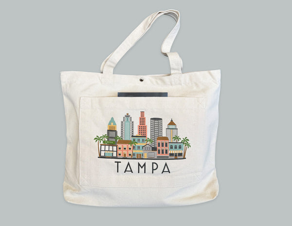 Tampa Florida Skyline Graphic Pocket Tote Bag | TPA Shopping Tote Beach Bag