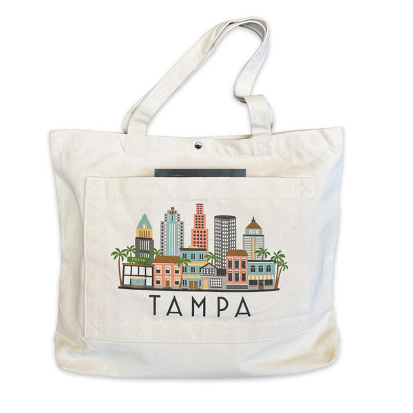 Tote bag with a cityscape design and 'Tampa' text on a white background