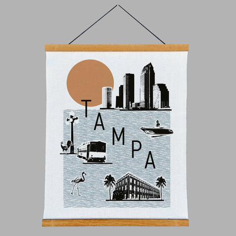 Poster of Tampa skyline with city names and landmarks on a gray background