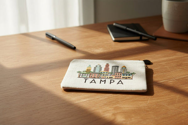 A small zip pouch with a black zipper and black pom-pom charm, featuring a colorful Tampa skyline illustration and the word 'TAMPA' printed below, on a white background.