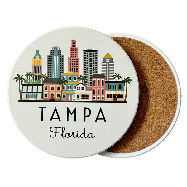 Tampa Illustrated Skyline Absorbent Stone Ceramic Coaster with Cork Backing