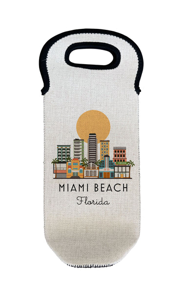 Miami Beach Florida Skyline Wine Carrier Tote Neoprene Lining Liquor Bottle Cooler