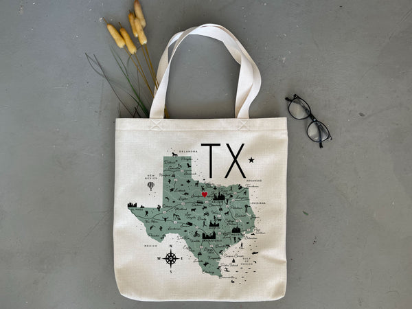 Texas State Icon Map Tote Bag with Heart Pin | Shopping Tote Beach Bag