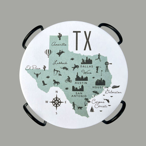 Texas State Icon Map Paper Pulp Board Coasters | Set of 15 With Black Metal Stand | Absorbent Disposable Reusable Party Bar Coasters