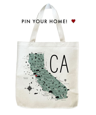 California State Icon Map Tote Bag with Heart Pin | Shopping Tote Beach Bag