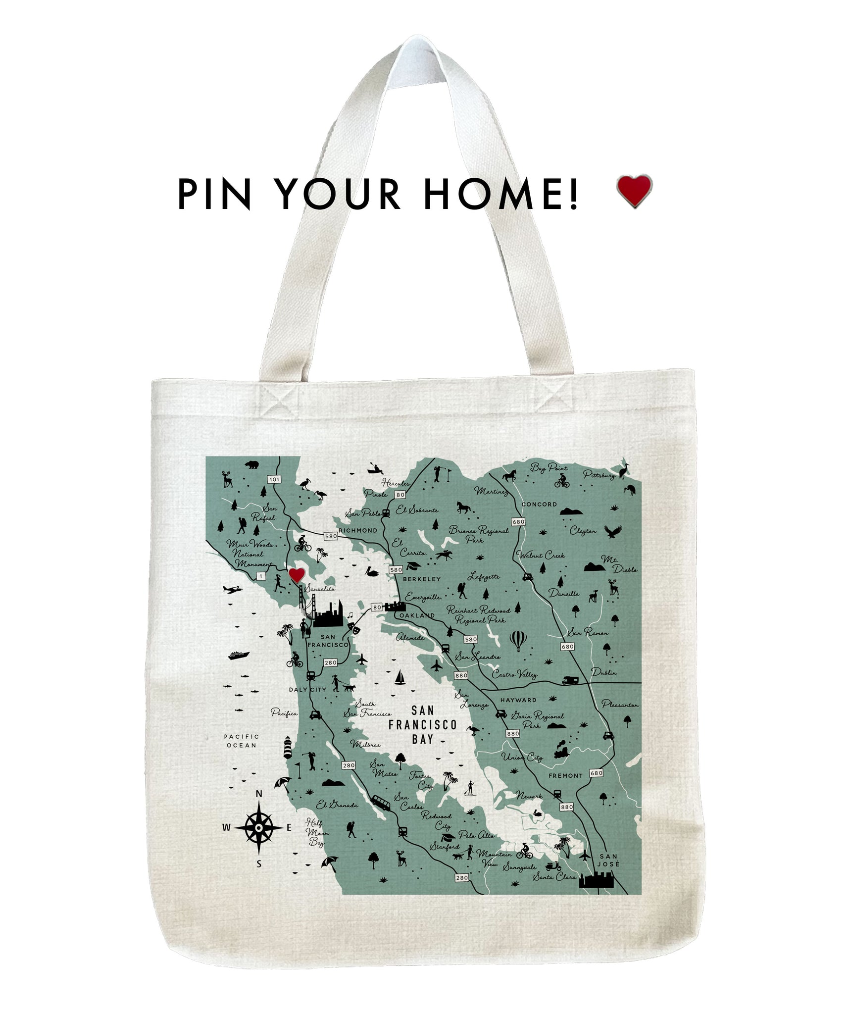 San Francisco Bay Icon Map Tote Bag with Heart Pin | SF Shopping Tote Beach Bag