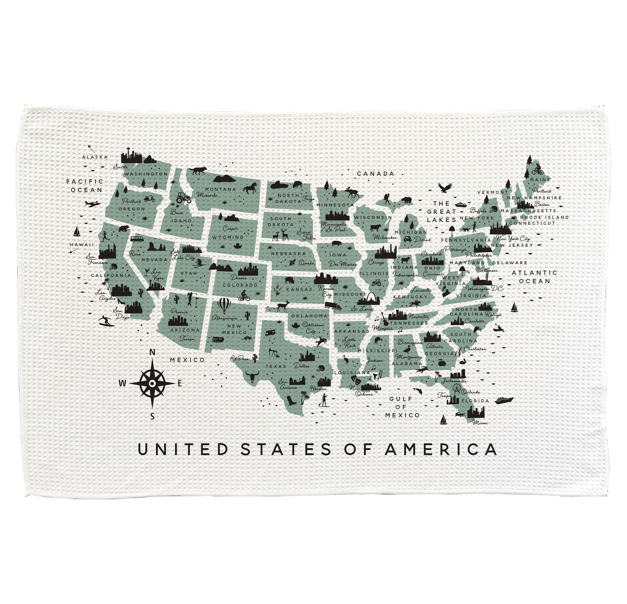 United States Icon Map with Cities and Exploded Borders Microfiber Kitchen Towel Graphic Print