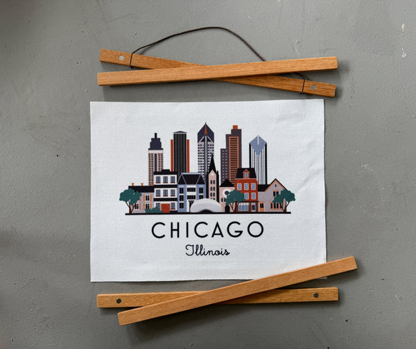 Chicago Illinois Skyline Fabric Print with Wooden Hanging Frame