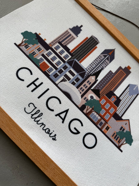 Chicago Illinois Skyline Fabric Print with Wooden Hanging Frame