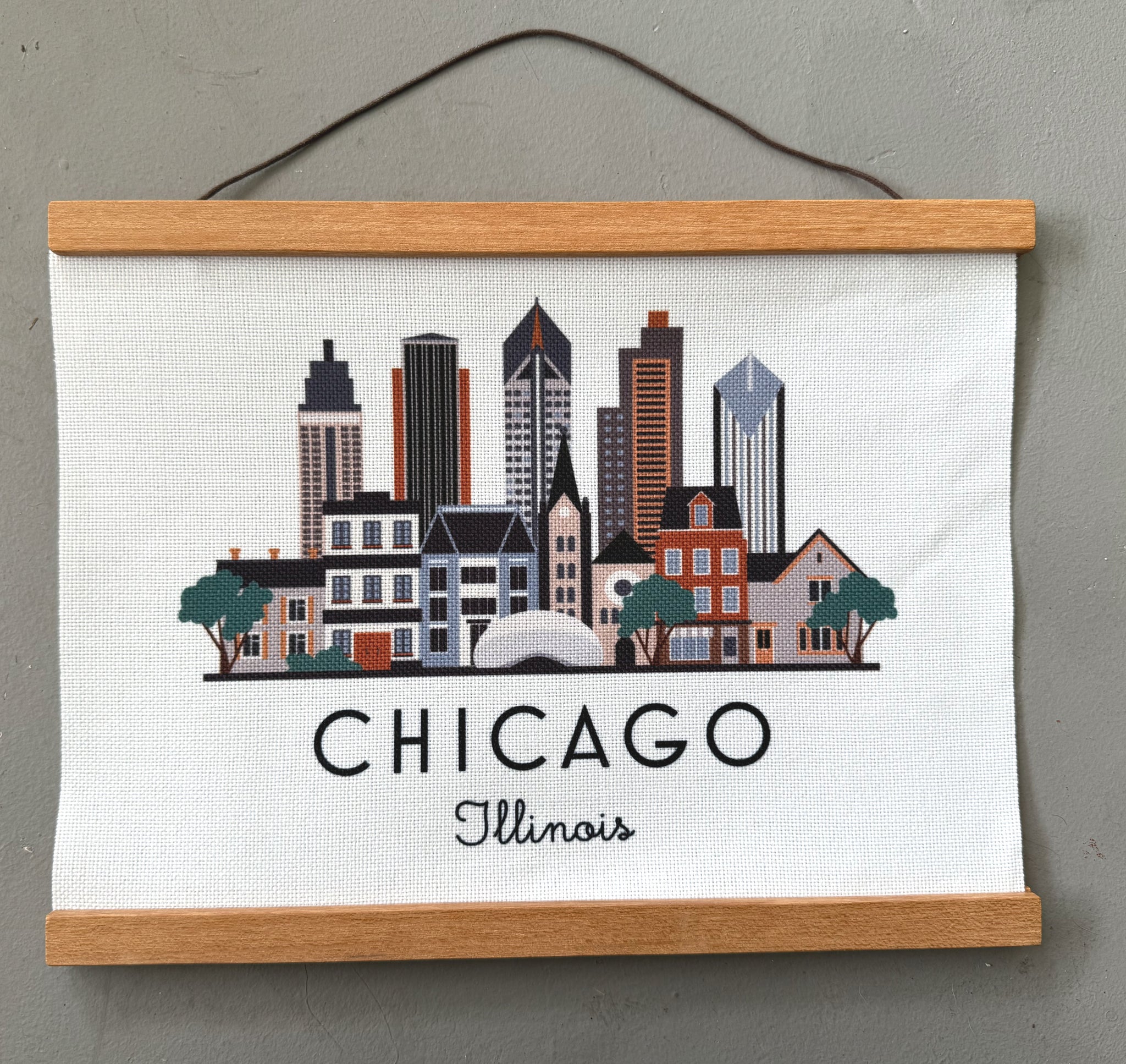 Chicago Illinois Skyline Fabric Print with Wooden Hanging Frame