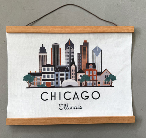 Chicago Illinois Skyline Fabric Print with Wooden Hanging Frame