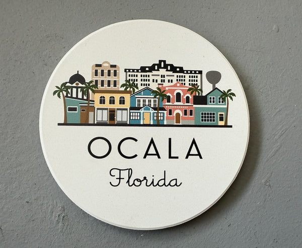 Ocala Florida Illustrated Absorbent Stone Ceramic Coaster with Cork Backing