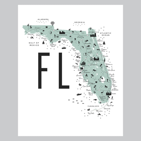 Florida State Illustrated Icon Map | Giclee Wall Art Print Green Blue