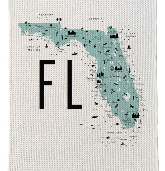 Florida State Map Microfiber Kitchen Towel Graphic Print With Towns and Icons
