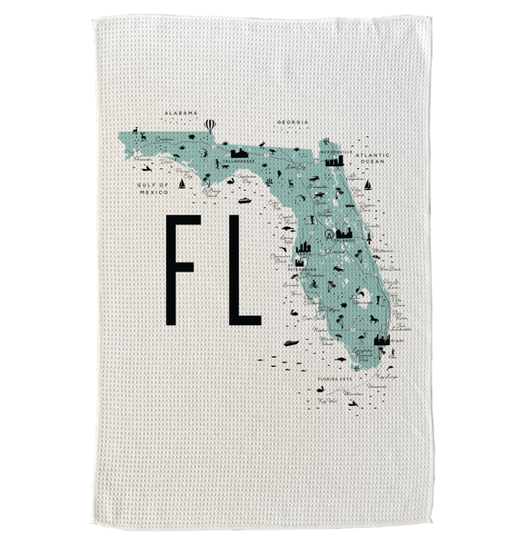 Florida State Map Microfiber Kitchen Towel Graphic Print With Towns and Icons